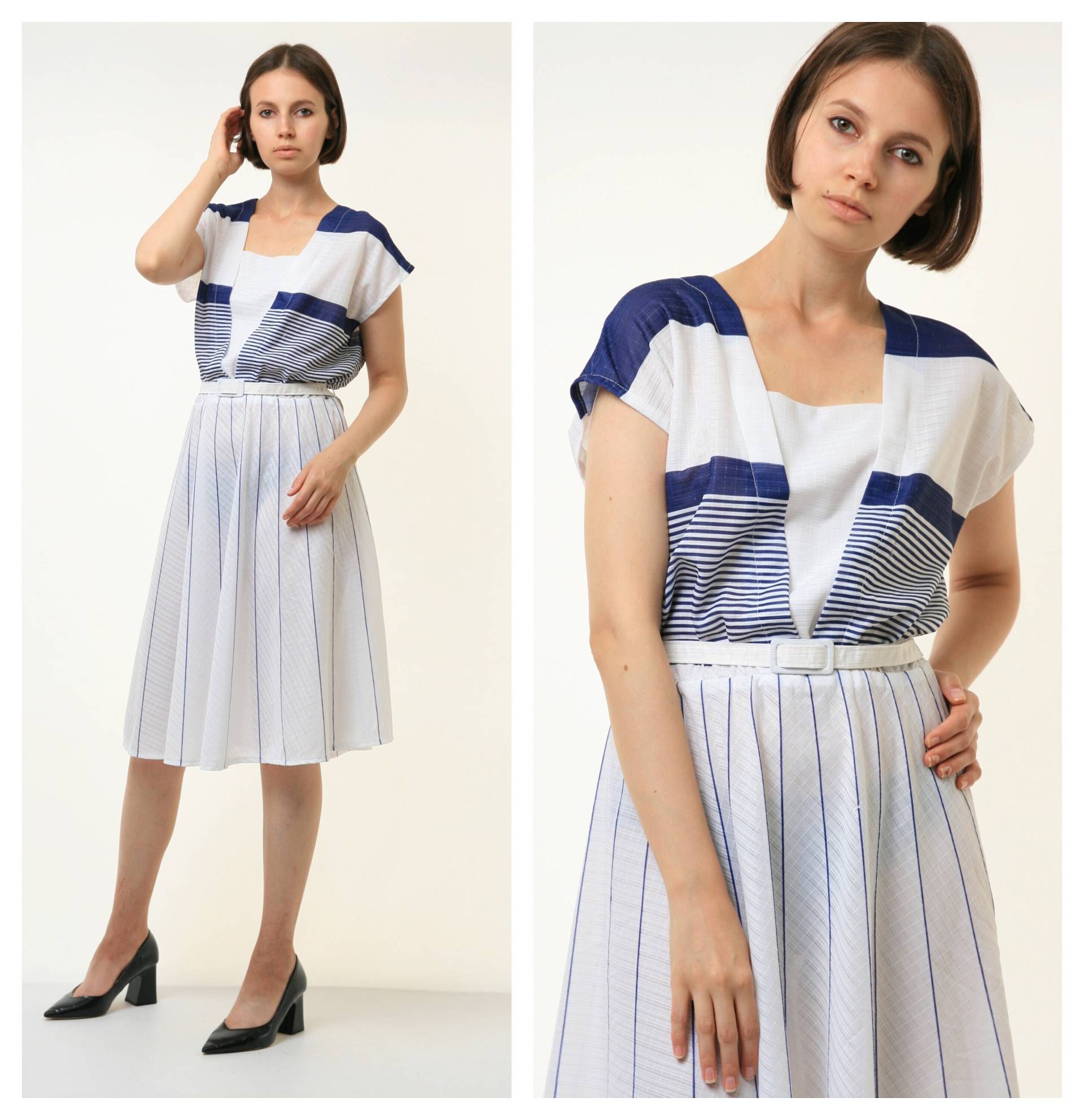 Vintage-Sommerkleid Im Stil Der 60Er Jahre Für Damen, Blau Gestreift, A-Linie, Größe M | Medium 4323/A-Linie Vintage-Kleidung von MoodGirlsUA