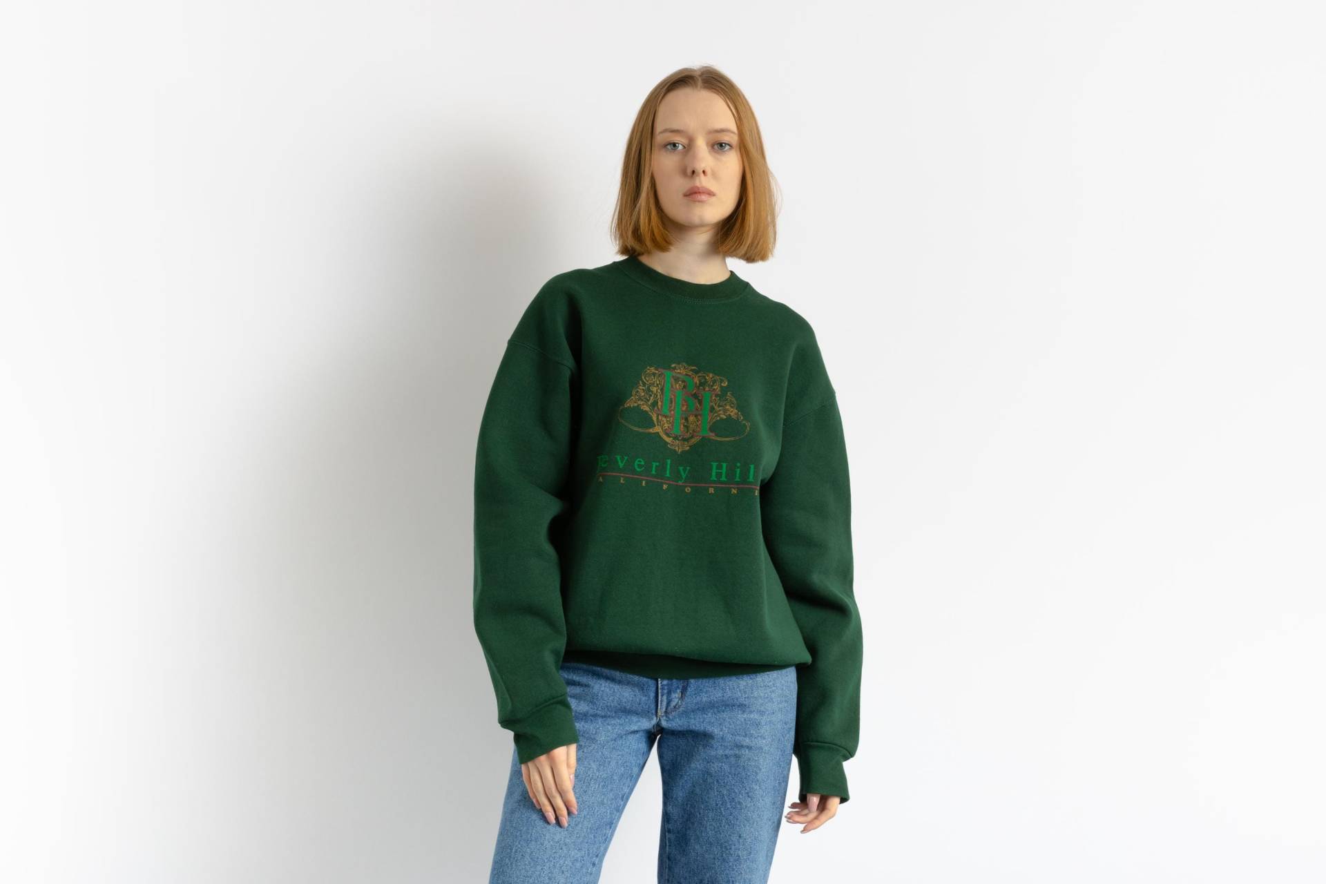 Vintage-Sweatshirt Aus Den 90Er-Jahren, Unisex, Gebraucht, Beverly Hills Green, Größe Xl, Hergestellt in Usa von MoodGirlsUA