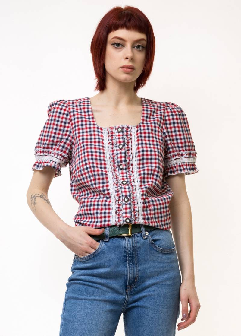 Vintage Vtg Seltene Alpen Trachten Baumwolle Bayrisch Weiß Bestickt Kariert Kurzarm Bluse Hemd Größe Medium von MoodGirlsUA