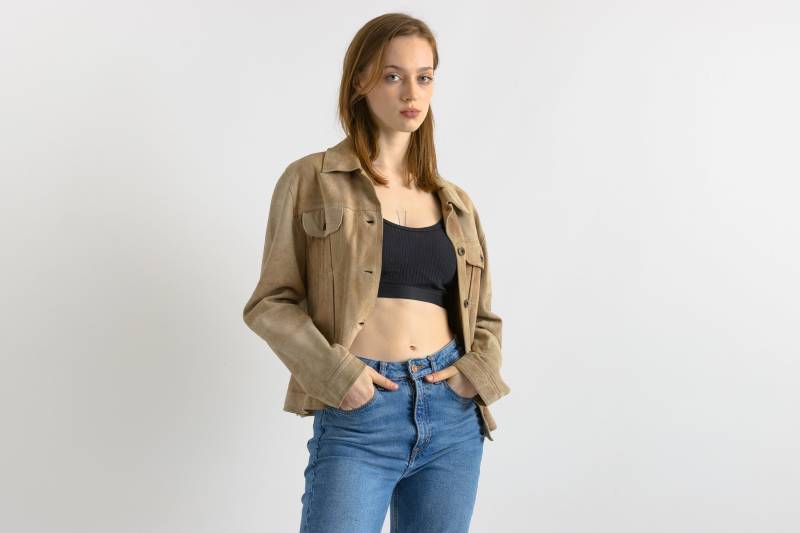 Wildleder Bomberjacke 90Er Beige Wildlederjacke Knöpfe Up Moto Jacke Retro Streetwear Mantel Motorradjacke Futter Vintage 1990Er Jahre Groß von MoodGirlsUA