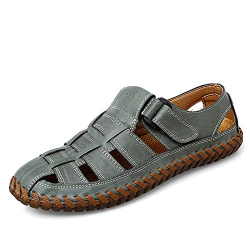 Moodeng Herren Sandalen Outdoor Leder Sommer Outdoorsandalen Sport Trekking Strand Geschlossene Klettverschluss Trekking Wanderschuhe Wandersandale von Moodeng