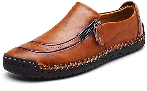 Herren Leder Loafer Bequeme leichte runde Zehen Schuhe Wohnungen Mokassins rutschfeste breitere Business-Arbeitsschuhe große Größe,Braun(45) von Moodeng