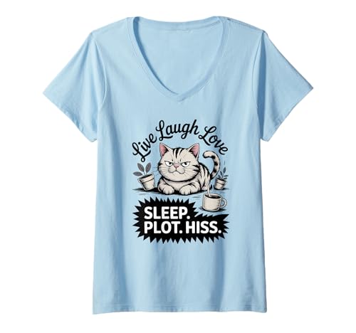 Damen Sleep Plot Zischende sarkastische Katze mit Kaffee lustig T-Shirt mit V-Ausschnitt Damen Sleep Plot Zischende sarkastische Katze mit Kaffee lustig T-Shirt mit V-Ausschnitt von Moody Cat Life Apparel Gifts by Anastasia