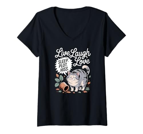Damen Sleep Plot Zischende sarkastische Katze mit Kaffee lustig T-Shirt mit V-Ausschnitt Damen Sleep Plot Zischende sarkastische Katze mit Kaffee lustig T-Shirt mit V-Ausschnitt von Moody Cat Life Apparel Gifts by Anastasia
