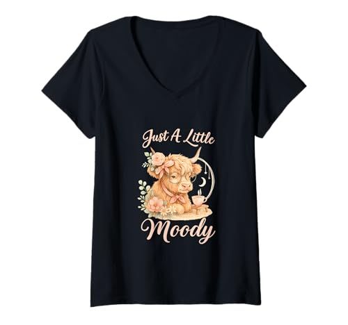 Damen Just A Little Moody Cute Highland Cow Aesthetic T-Shirt mit V-Ausschnitt Damen Just A Little Moody Cute Highland Cow Aesthetic T-Shirt mit V-Ausschnitt von Moody Meadow Co.