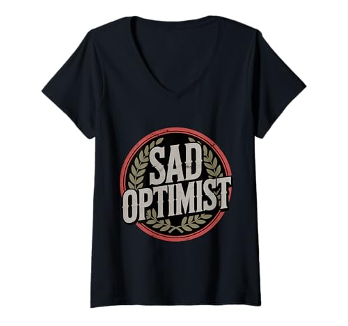 Damen Sad Optimist Konfliktiger Realist |- T-Shirt mit V-Ausschnitt Damen Sad Optimist Konfliktiger Realist |- T-Shirt mit V-Ausschnitt von Moody Positivity Optimist