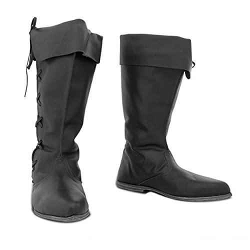 Britischer Stil Mittelalterliche Ritter PU Leder Stiefel - Retro Männer Elfenprinz Bandage Goth Schuhe - Schnürstiefeletten Cosplay Kostüme,Schwarz,44 von Mooke