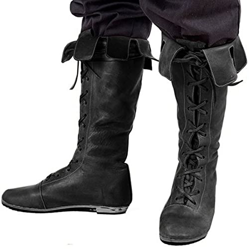 Herren Reitstiefel Vintage Mittelalter Flache Stiefel Gothic Steampunk Ritter Stiefel Schnürer Kunstleder Stiefel für Halloween Cosplay, Schwarz , 40 EU von Mooke