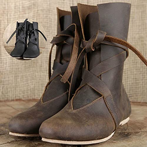 Mooke Für Männer Und Frauen, Renaissance-Steampunk-Schuhe Aus PU-Leder, Piraten-Kurzstiefel Mit Flachem Boden, Kurze Kanisterstiefel, Wikingerstiefel, Braun, 44, Brown Braun von Mooke