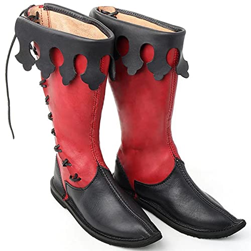 Mooke Gothic Ritter Prinz Retro Bandage Leder Stiefel Halloween Karneval Bühnenparty Handgefertigte Flache Schuhe Mittelalterliche Elf Einzelstiefel Alltagsgebrauch,Rot,43 von Mooke