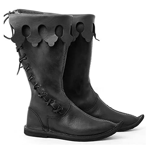 Mooke Gothic Ritter Prinz Retro Bandage Leder Stiefel Halloween Karneval Bühnenparty Handgefertigte Flache Schuhe Mittelalterliche Elf Einzelstiefel Alltagsgebrauch,Schwarz,39 von Mooke