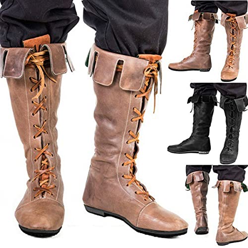 Mooke Herren Reitstiefel Vintage Mittelalterliche Flache Stiefel Gothic Steampunk Ritterstiefel Schnürstiefel Aus Kunstleder Für Halloween Cosplay,Braun,42 von Mooke