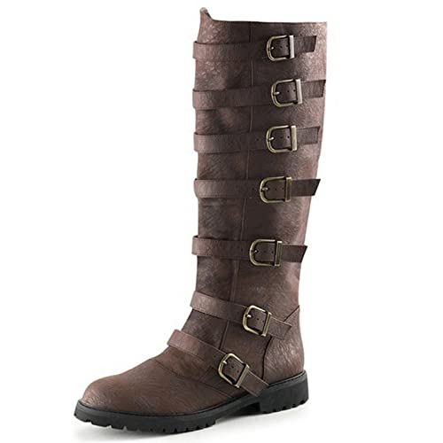 Mooke Herren Ritterstiefel - Mittelalterliche Wikinger-LARP-Schuhe Hohe Stiefel Steampunk-Pu-Leder-Krieger-Frauen-Karnevals-Party Cosplay Ausgefallene Stiefel,Braun,38 von Mooke