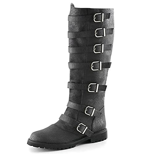 Mooke Mittelalterliche Lederstiefel Mit 7 Schnalle, Herren Steampunk Stiefel Knielang Schnürschuhe SCA LARP Reitkostüm Stiefel Für Cosplay,Schwarz,40 von Mooke