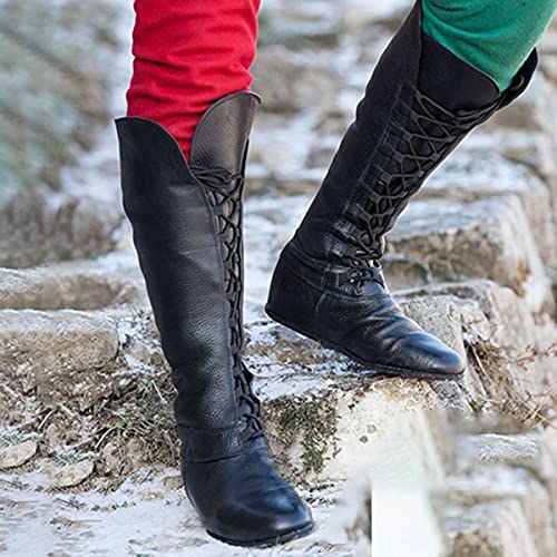 Mooke Mittelalterliche Pu Lederstiefel - Retro Frauen/Herren Ritterpiratenkostüm Kurze Knöchelstiefel Mit Flachem Boden Gotische Bandageschuhe Für Cosplay Karnevalsparty,Schwarz,43 von Mooke