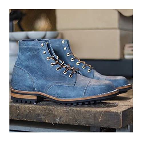 ERALP Retro-Männer-Punk-Stiefel - Motorrad-Pu-Leder-Stiefeletten Schnürschuhe Kampfschuhe Lässige High-Top-Schuhe Für Männer Verschleißfeste Stiefel,Blau,45 von ERALP