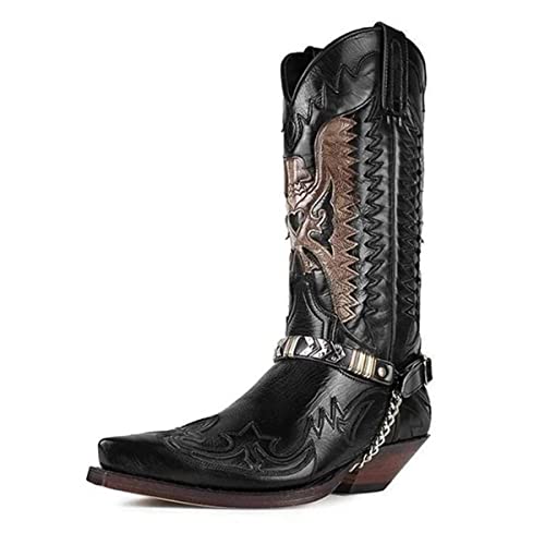 Mooke Steampunk-Pu-Leder-Chelsea-Stiefel - Retro-Kniehohe Stiefel Zum Anziehen Besticken Reiten Niedrige Absätze Herren-Ritterstiefel-Schuhe,Schwarz,43 von Mooke