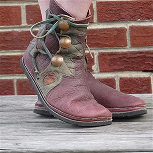 Mooke Stiefeletten Für Damen, Mittelalterliche Lederschuhe Kreuzriemen Stiefeletten Viktorianische Renaissance Stiefel Schuhe Cosplay,Rot,37 von Mooke