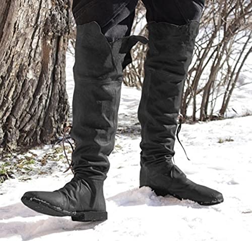 Retro Herren Piratenstiefel mit Bündchen Mittelalter Hohe Stiefel Wikinger Cosplay Hohe Knie Schnürschuhe Renaissance Schuhe für Erwachsene und Kinder, Schwarz, 43 von Mooke