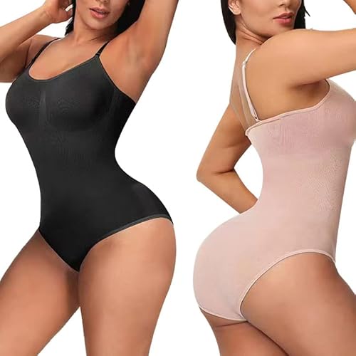 Moollyfox 2 Stück Bodysuit mit verstellbaren Trägern, figurformender Body für Damen, figurformend, schlankmachend, unsichtbar, Schlankheitseffekt, Schwarz + Hautfarbe, 46 von Moollyfox