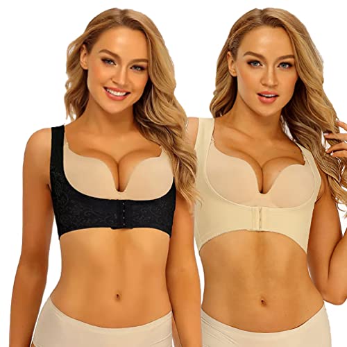 Moollyfox 2 Stück Pfosten zur Formung des Oberarms, Schlankheitsgürtel, Tanktop, Shaper, Top, Korsett, Kompressionsweste, Haltungskorrektur, Unterstützung für Post Liposution, Schwarz + Beige (ohne von Moollyfox