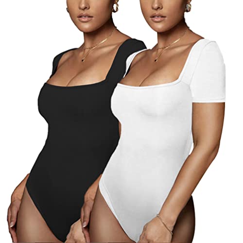 Moollyfox 2PCS Damen-Bodysuits mit eckigem Ausschnitt,Overalls Oberteile, Tägliches Tragen Kurzarm Elegant Ärmellos Bodysuit Tops von Moollyfox