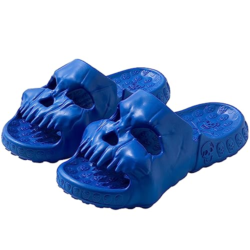 Moollyfox Lustige Totenkopf Schlappen Slides Schädel Hausschuhe für Damen Herren rutschfest Leicht Duschschuhe Wolkenschuhe Sommer Garten Schwimmbad Indoor Outdoor Blau 36-37 EU von Moollyfox