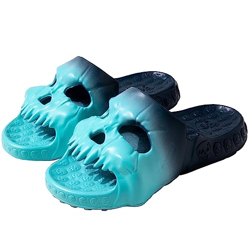 Moollyfox Lustige Totenkopf Schlappen Slides Schädel Hausschuhe für Damen Herren rutschfest Leicht Duschschuhe Wolkenschuhe Sommer Garten Schwimmbad Indoor Outdoor Hellblau + Dunkelblau 40-41 EU von Moollyfox