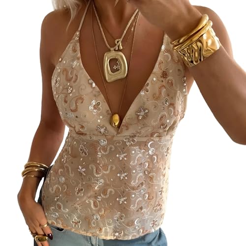 Moollyfox Sommer Tops Y2K Damen – Neckholder Tank Top mit Pailletten & Glitzerndem Blumenmuster – Sexy Backless Top, Camisole Top Moollyfox Sommer Tops Y2K Damen – Neckholder Tank Top mit Pailletten & Glitzerndem Blumenmuster – Sexy Backless Top, Camisole Top von Moollyfox