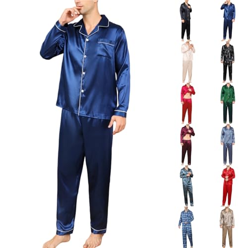 Moolmeyno Silky Satin Schlafanzug Herren Lang Mit Knopfleiste Männer Pyjama Elegant Pijamas Set Für Herren M-XXL von Moolmeyno