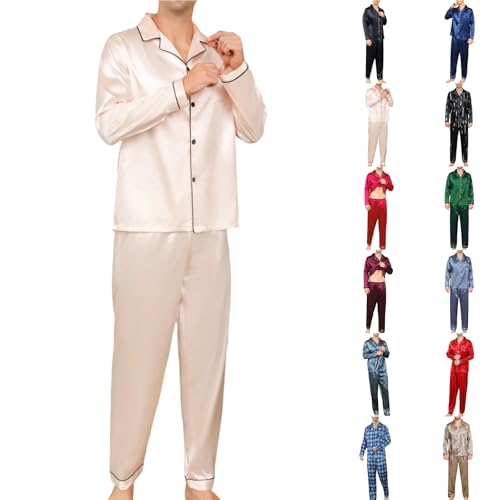 Moolmeyno Silky Satin Schlafanzug Herren Lang Mit Knopfleiste Männer Pyjama Elegant Pijamas Set Für Herren M-XXL von Moolmeyno