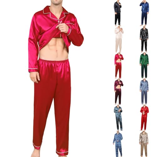 Moolmeyno Silky Satin Schlafanzug Herren Lang Mit Knopfleiste Männer Pyjama Elegant Pijamas Set Für Herren M-XXL von Moolmeyno