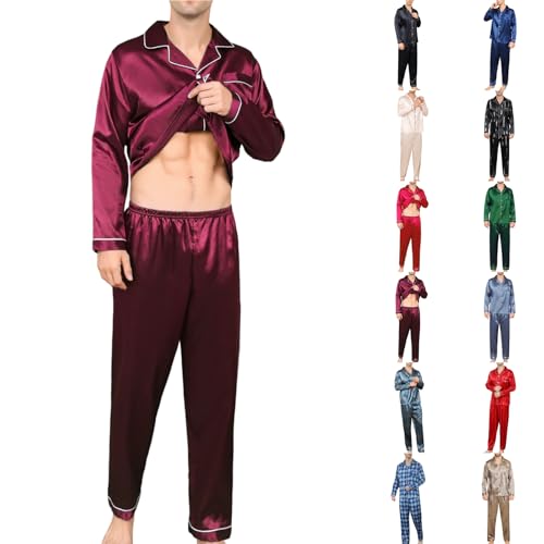 Moolmeyno Silky Satin Schlafanzug Herren Lang Mit Knopfleiste Männer Pyjama Elegant Pijamas Set Für Herren M-XXL von Moolmeyno
