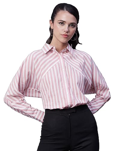 Moomaya Damen-Hemd Aus Baumwolle Mit Bedruckten Streifen, Sommerhemd Mit Knopfverschluss Und Kragen von Moomaya