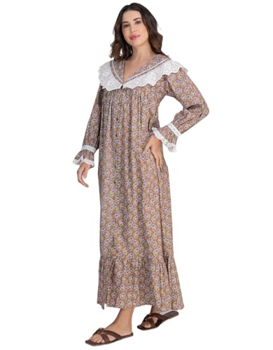 Moomaya Damen-Nachthemd Aus Baumwolle | Lange Maxi-Lounge-Nachtwäsche | Button-Down-Nachtwäsche Mit Rüschen Und Spitze von Moomaya