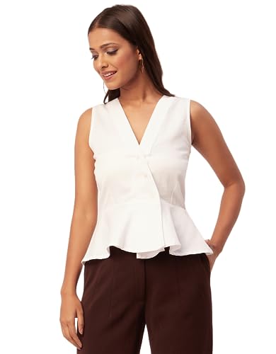Moomaya Damen-Top Mit Schößchenmuster, V-Ausschnitt, Ärmellose Baumwoll-Slub-Top-Bluse von Moomaya