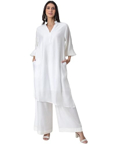 Moomaya Einfarbiges Kurta Mit Puffärmeln In Off-White Und Ausgestellten Palazzo-Hosen Für Damen von Moomaya