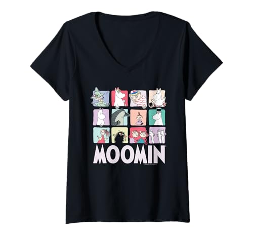 Damen Dunkle Charakterblöcke der Mumin-Gruppe T-Shirt mit V-Ausschnitt von Moomin