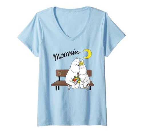 Damen Moomin Moomintroll Snorkmaiden auf Bank T-Shirt mit V-Ausschnitt von Moomin