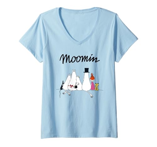 Damen Mumin-Familie sitzend T-Shirt mit V-Ausschnitt von Moomin