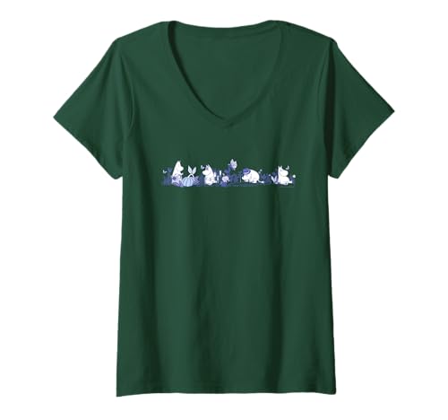 Damen Mumin Moomintroll und Co in der Natur, Blaudruck T-Shirt mit V-Ausschnitt von Moomin