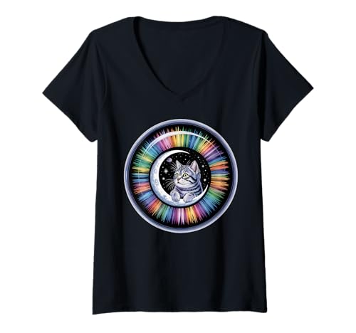 Damen Kosmisches Regenbogen-Weltraumkätzchen mit Katzenaugapfel, Halbmond T-Shirt mit V-Ausschnitt Damen Kosmisches Regenbogen-Weltraumkätzchen mit Katzenaugapfel, Halbmond T-Shirt mit V-Ausschnitt von Moon Cat