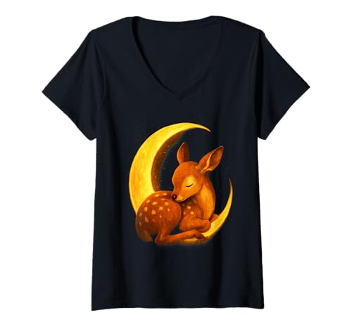 Damen Schlafendes Rehkitz unter Halbmond Cozy Woodland Night Art T-Shirt mit V-Ausschnitt Damen Schlafendes Rehkitz unter Halbmond Cozy Woodland Night Art T-Shirt mit V-Ausschnitt von Moon Grove