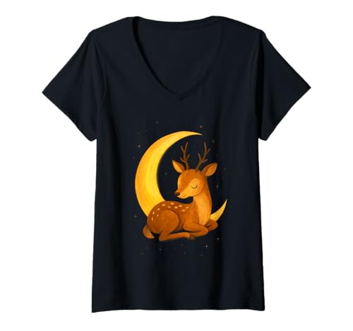 Damen Süßer Mondhirsch schläft im Wald Nacht Illustration T-Shirt mit V-Ausschnitt Damen Süßer Mondhirsch schläft im Wald Nacht Illustration T-Shirt mit V-Ausschnitt von Moon Meadow