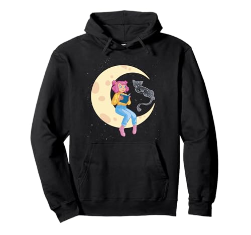 Celestial Cat And Girl Read Moon Pullover Hoodie von Moon Read Book Reading Girl Celestial