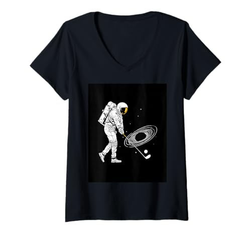 Damen Astronaut beim Golfen im Weltraum Eine kosmische Erde T-Shirt mit V-Ausschnitt Damen Astronaut beim Golfen im Weltraum Eine kosmische Erde T-Shirt mit V-Ausschnitt von Moon Spaceship Gravity Golf Club