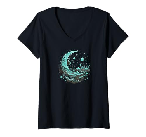 Damen Galaxy Night Sky Moon Lunar Stars Love T-Shirt mit V-Ausschnitt von Moon Stars PopLove Co.