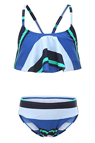 Moon Tree Großes Mädchen Bikini Badeanzug Rüschen Hawaiian Badeanzug Strand Blau 11-12 Jahre Alt/152 von Moon Tree