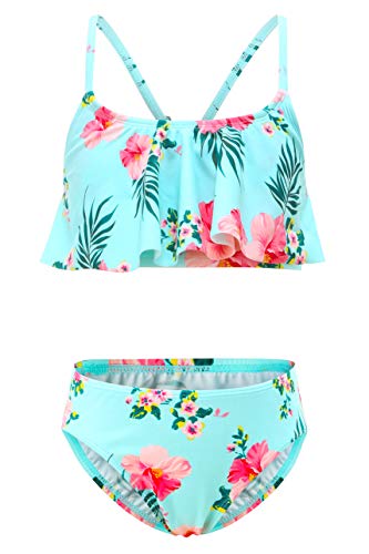 Moon Tree Großes Mädchen Bikini Badeanzug Rüschen Hawaiian Badeanzug Strand Blumen 13-14 Jahre Alt/164 von Moon Tree