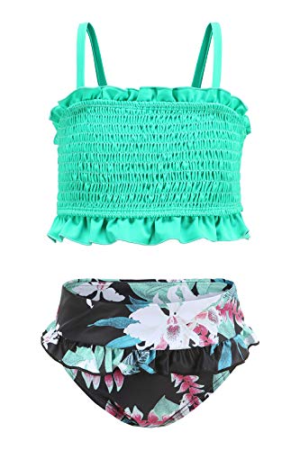 Moon Tree Großes Mädchen Bikini Badeanzug Rüschen Hawaiian Badeanzug Strand Grün 11-12 Jahre Alt/152 von Moon Tree